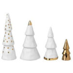 Lot de 4 sapins de noël en porcelaine blanc et or